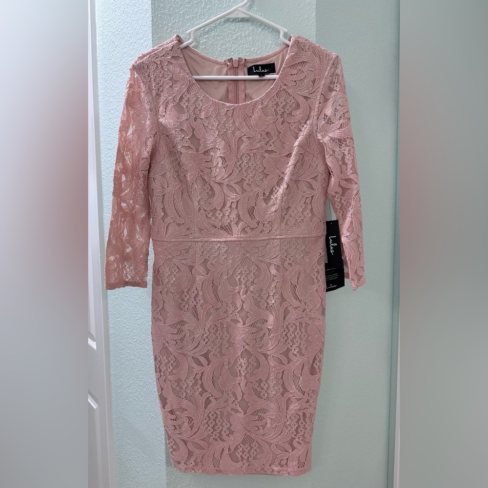Lulu's Blush Elbow Sleeve Lace Dress